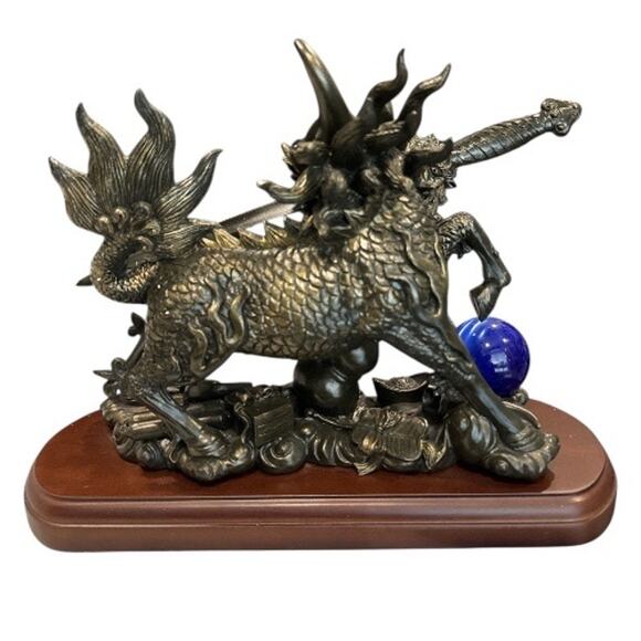 Polyresin Pixiu Dragon with Sword on Wood Stand in Box - Picture 5 of 10
